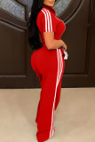 Red Casual Stripe Patchwork Zipper Collar Short Sleeve Two Pieces