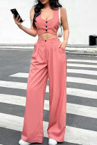 Pink Casual Solid Color Pocket Buttons Asymmetrical Collar Sleeveless Two Pieces