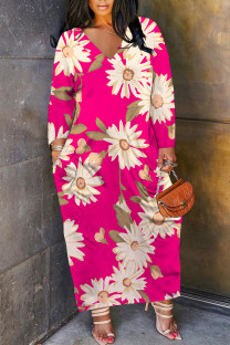 Rose Red Casual Floral Print Pocket Contrast V Neck Printed Plus Size Dresses