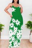 Lake Green Sexy Floral Print Contrast O Neck Printed Dresses