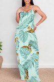 Lake Green Sexy Floral Print Contrast O Neck Printed Dresses