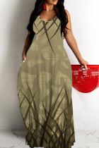 Grass Green Sexy Floral Print Butterfly Pocket Contrast O Neck Printed Dresses