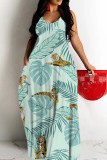 Lake Green Sexy Floral Print Contrast O Neck Printed Dresses