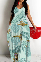 Light Blue Sexy Floral Print Contrast O Neck Printed Dresses