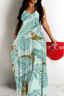 Light Blue Sexy Floral Print Contrast O Neck Printed Dresses