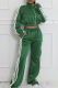 Green Casual Stripe Pocket Patchwork Zipper Zipper Collar Long Sleeve Two Pieces