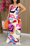 Blue Casual Graffiti Print Contrast O Neck Printed Dresses