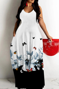 White Sexy Floral Print Butterfly Pocket Contrast O Neck Printed Dresses