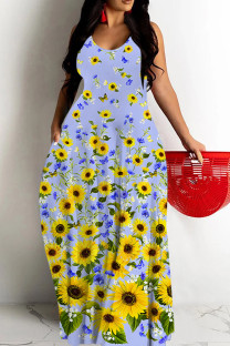 Sky Blue Sexy Floral Print Butterfly Pocket Contrast O Neck Printed Dresses