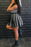 Black Sexy Plaid Buttons Patchwork Ruched O Neck A Line Dresses