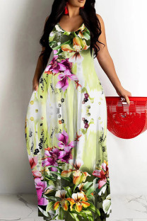 Light Green Sexy Floral Print Butterfly Pocket Contrast O Neck Printed Dresses