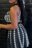Black Sexy Plaid Buttons Patchwork Ruched O Neck A Line Dresses