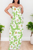 Lake Green Sexy Floral Print Contrast O Neck Printed Dresses