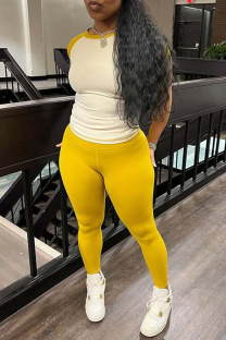 Yellow Casual Patchwork Contrast O Neck Long Sleeve Two Pieces