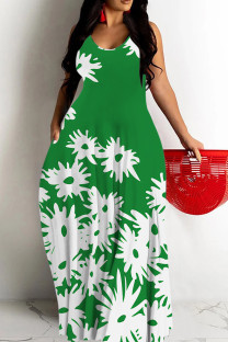 Green Sexy Floral Print Contrast O Neck Printed Dresses