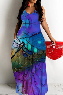 Blue Sexy Floral Print Butterfly Pocket Contrast O Neck Printed Dresses