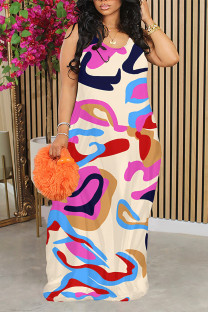 Beige Casual Graffiti Print Contrast O Neck Printed Dresses