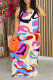 Beige Casual Graffiti Print Contrast O Neck Printed Dresses