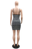 Apricot Sexy Patchwork Hot Drilling Backless Spaghetti Strap Wrapped Skirt Dresses