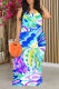 Blue Casual Graffiti Print Contrast O Neck Printed Dresses