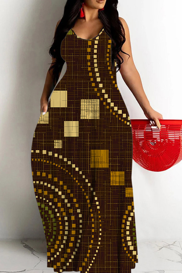 Dark Brown Casual Geometric Print Pocket Contrast O Neck Printed Dresses