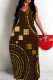 Dark Brown Casual Geometric Print Pocket Contrast O Neck Printed Dresses