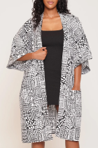 White Casual Print Pocket Patchwork Cardigan Collar Outerwear