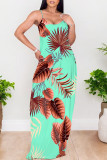 Lake Green Sexy Floral Print Contrast O Neck Printed Dresses