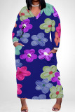 White Casual Floral Print Pocket Contrast V Neck Printed Plus Size Dresses