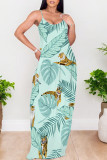 Lake Green Sexy Floral Print Contrast O Neck Printed Dresses