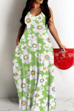 Lake Green Sexy Floral Print Contrast O Neck Printed Dresses