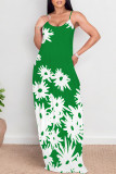 Lake Green Sexy Floral Print Contrast O Neck Printed Dresses