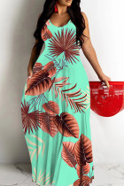 Lake Green Sexy Floral Print Contrast O Neck Printed Dresses