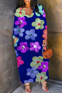 Blue Casual Floral Print Pocket Contrast V Neck Printed Plus Size Dresses