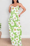Lake Green Sexy Floral Print Contrast O Neck Printed Dresses