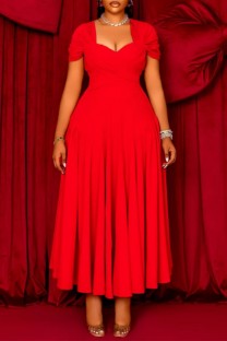 Red Casual Solid Color Patchwork Ruched Square Neck Waist Skirt Plus Size Dresses