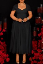 Black Casual Solid Color Patchwork Ruched Square Neck Waist Skirt Plus Size Dresses
