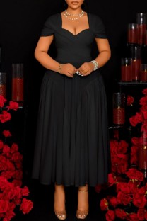 Black Casual Solid Color Patchwork Ruched Square Neck Waist Skirt Plus Size Dresses