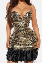 Gold Sexy Patchwork Sequins Strapless Wrapped Skirt Dresses