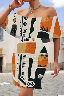 White Orange Elegant Print Patchwork Ruffled Trim Off Shoulder Wrapped Skirt Dresses