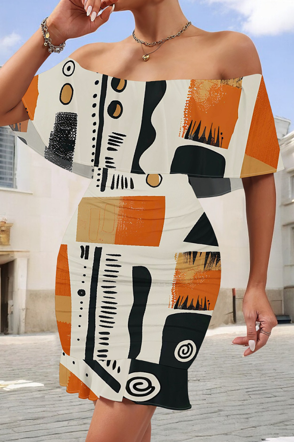 White Orange Elegant Print Patchwork Ruffled Trim Off Shoulder Wrapped Skirt Dresses