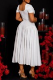 White Casual Solid Color Patchwork Ruched Square Neck Waist Skirt Plus Size Dresses