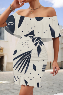 White Blue Elegant Print Patchwork Ruffled Trim Off Shoulder Wrapped Skirt Dresses