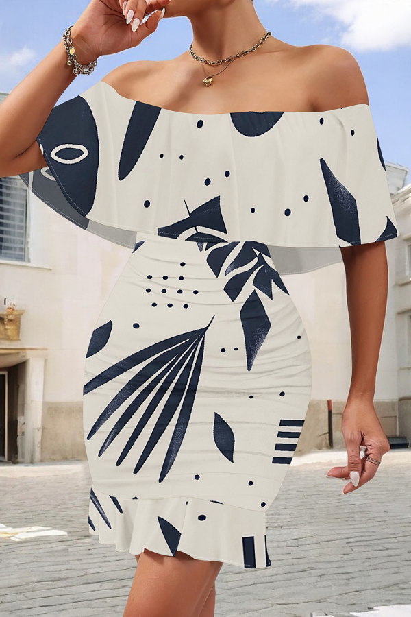 White Blue Elegant Print Patchwork Ruffled Trim Off Shoulder Wrapped Skirt Dresses