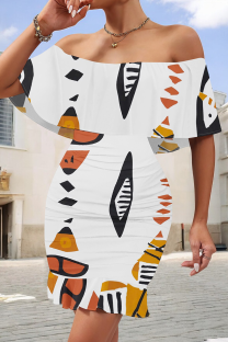 White Elegant Print Patchwork Ruffled Trim Off Shoulder Wrapped Skirt Dresses
