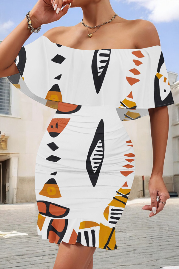 White Elegant Print Patchwork Ruffled Trim Off Shoulder Wrapped Skirt Dresses
