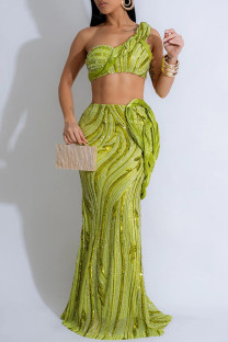 Green Sexy Celebrities Formal Elegant Patchwork Backless One Shoulder Sleeveless Two Pieces