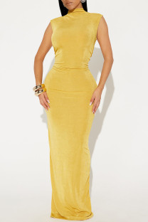 Yellow Casual Solid Color Ruched Turtleneck Long Dresses