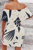 White Elegant Print Patchwork Ruffled Trim Off Shoulder Wrapped Skirt Dresses