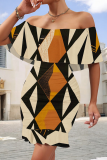 White Elegant Print Patchwork Ruffled Trim Off Shoulder Wrapped Skirt Dresses